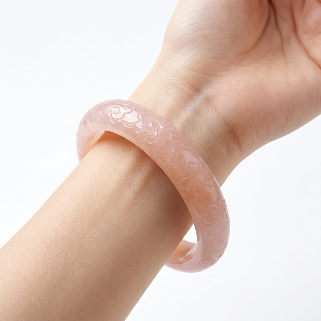 Vòng Ngọc Đào Hoa Chạm Hoa Văn (Pink Jade Bangle) — Dịu Dàng Nở Rộ Phúc Duyên